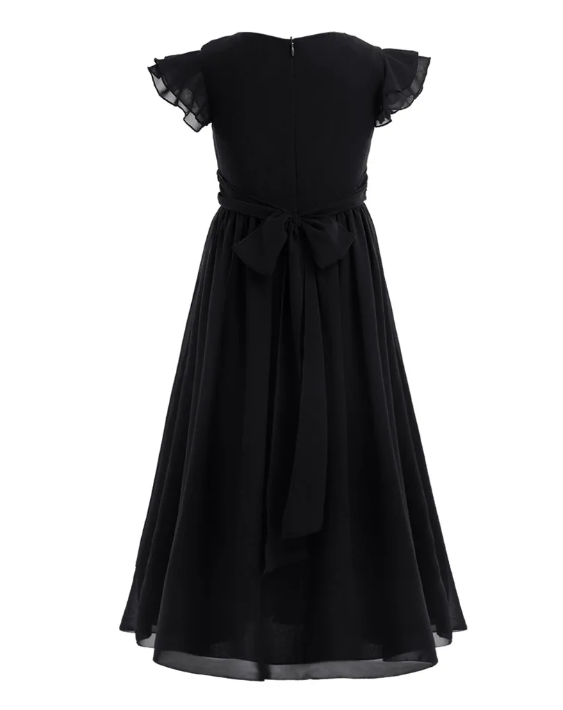 Шифоновое платье для девочек с пышными рукавами и цветочным узором Плиссированное длинное платье принцессы с высокой талией для торжеств, дня рождения, свадьбы, вечеринки, размеры от 4 до 14 лет - Цвет: Black