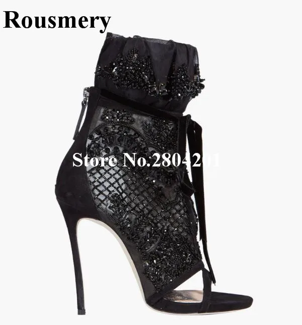 

Rousmery Sexy Black Mesh Cutouts Crystal Studded Booties Elegant Stiletto Heels Lace Up Open Toe Summer Party Dess Boots Women