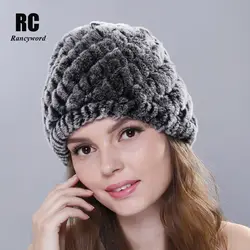 [Rancyword] Лидер продаж зимние меховые шапки для женщин натуральный мех кролика Рекс шапка вязаная s женский элегантный шапка из настоящего