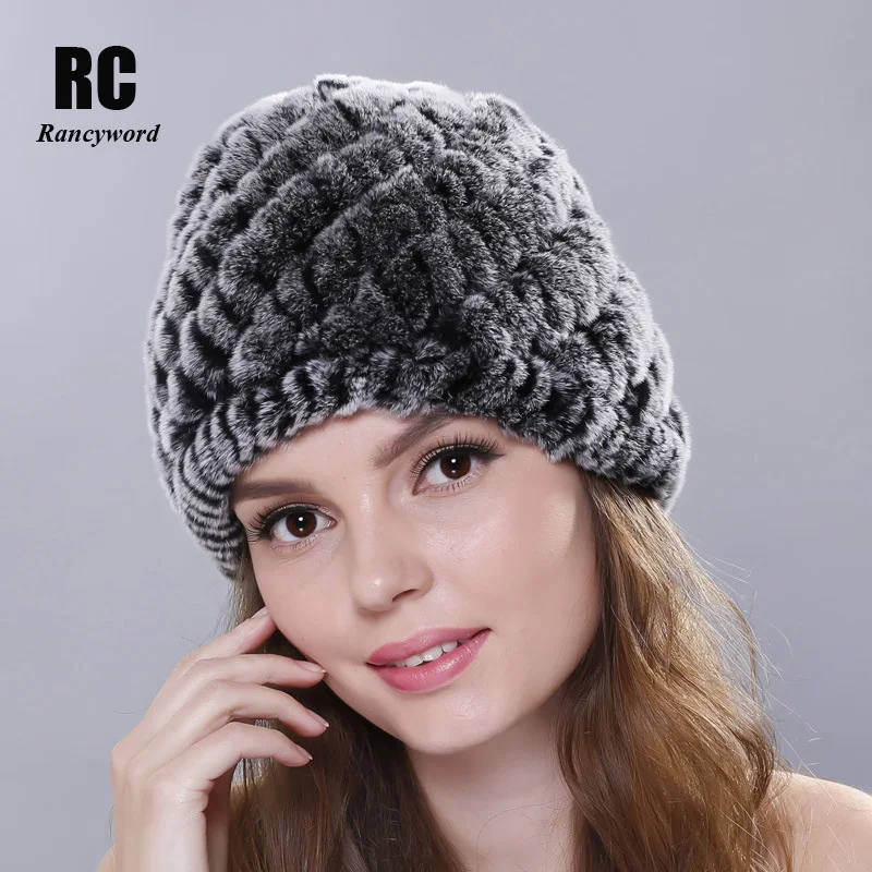 

[Rancyword] Hot Sale Winter Fur Hats For Women Natural Rex Rabbit Fur Beanie knitted Fur Caps Female Elegant Real Fur Cap RC1307