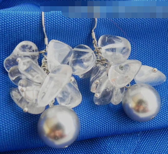 

FREE SHIPPING>>> free shipping 11970 Gray Round Shell Pearl Clear Baroque Crystal Dangle Earring