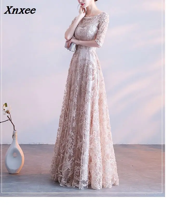Xnxee Половина рукава Аппликации с О-образным вырезом элегантное платье с фатиновой юбкой, с цветком, на молнии, Роскошные вечерние торжественное платье пол Длина ess Xnxee