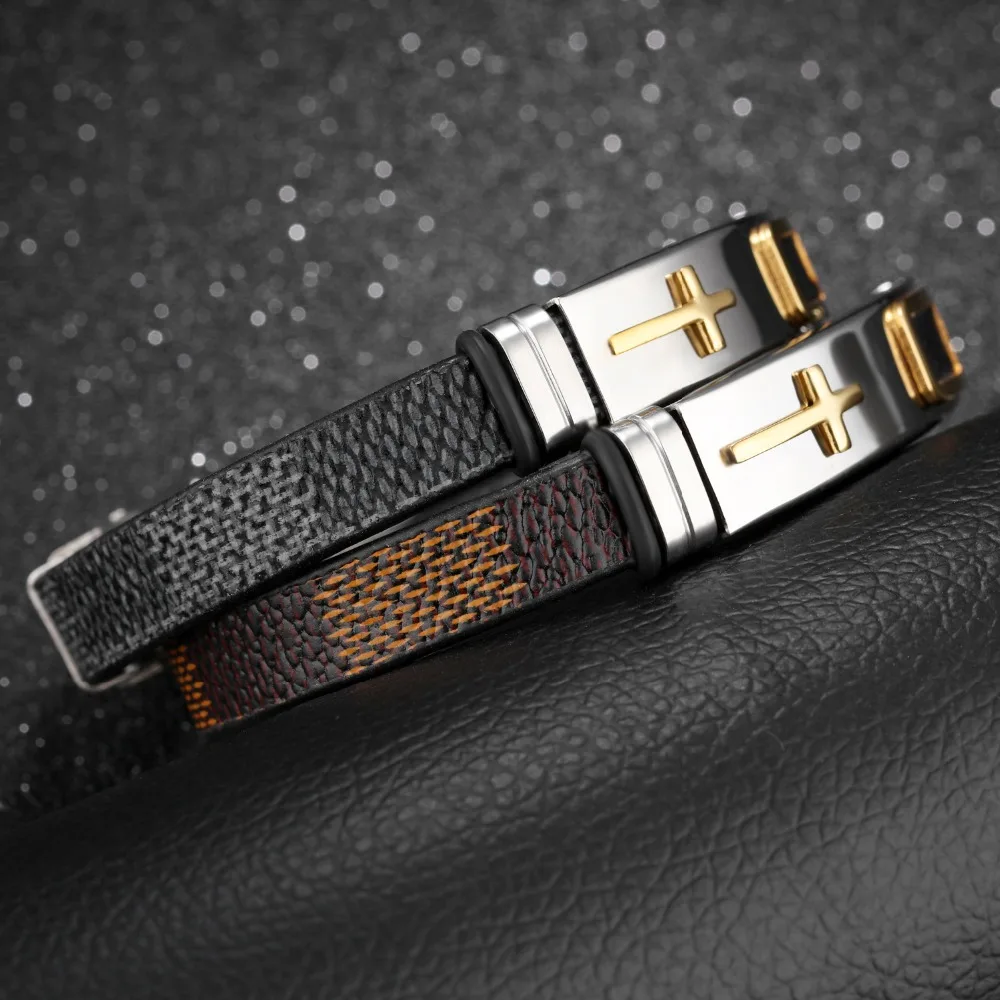 Fate Love Trendy Stainless Steel Cross Bracelets Man Wrist Jewelry Black/Brown Color Leather 185mm Charm Chain Bracelets FL1156