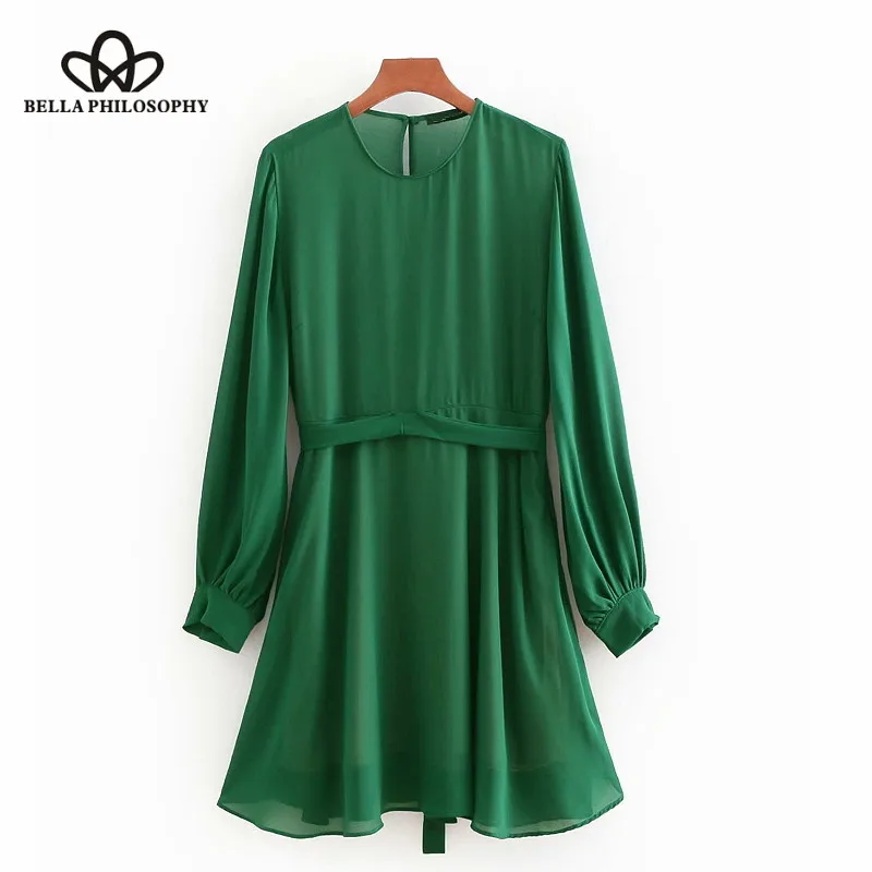 Wonder 2018 autumn vintage o neck soild color green mini dress fashion lady long sleeve sashes chiffon vestidos business dresses