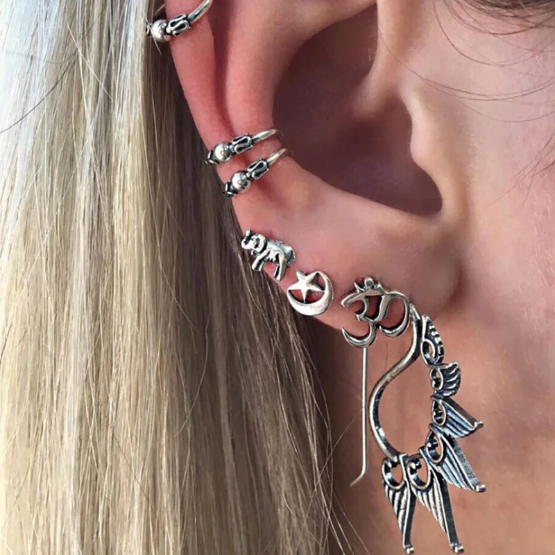 

Bohemian Retro Elephant Star Stud Earrings Set for Women 2019 Boho Vintage Silver Charming Party Earrings for Female Kolczyki