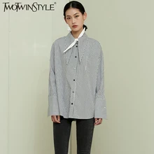 TWOTWINSTYLE New Style Women Black White grid Long sleeve Blouse Fashion and Personality Long collar Casual Female Tops Shirts