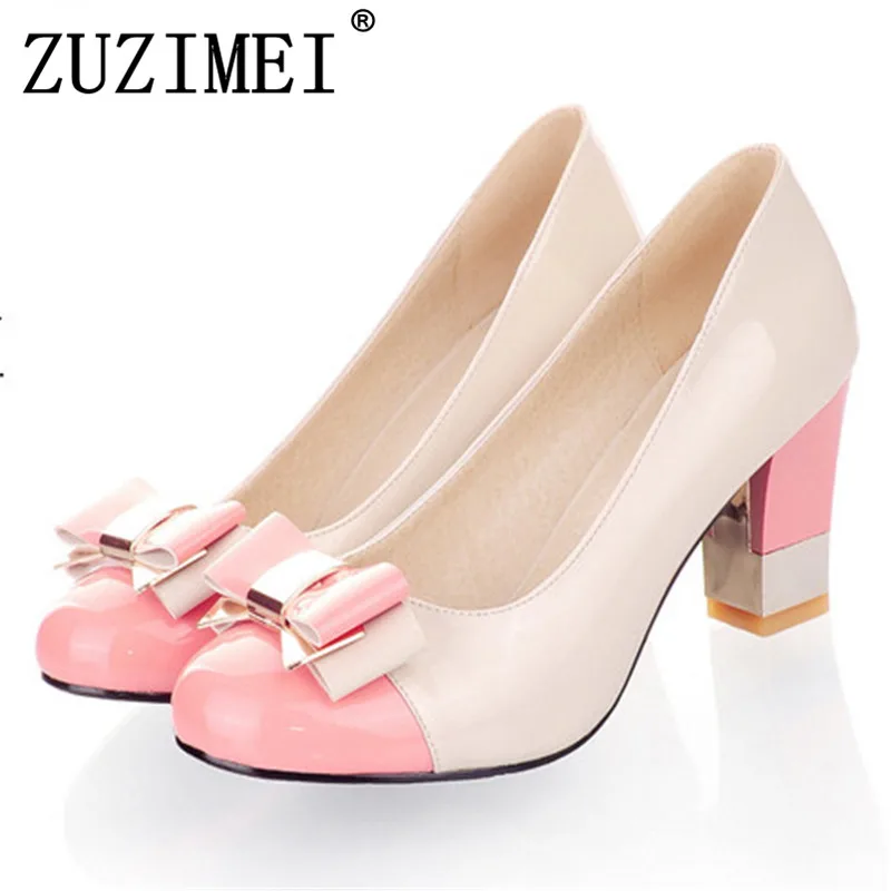 

Plus size 34-43 Hot 2018 Candy Color Women Pumps Shallow Color Block Thick High Heels Shoes Bowtie Pink Working Shoes Woman