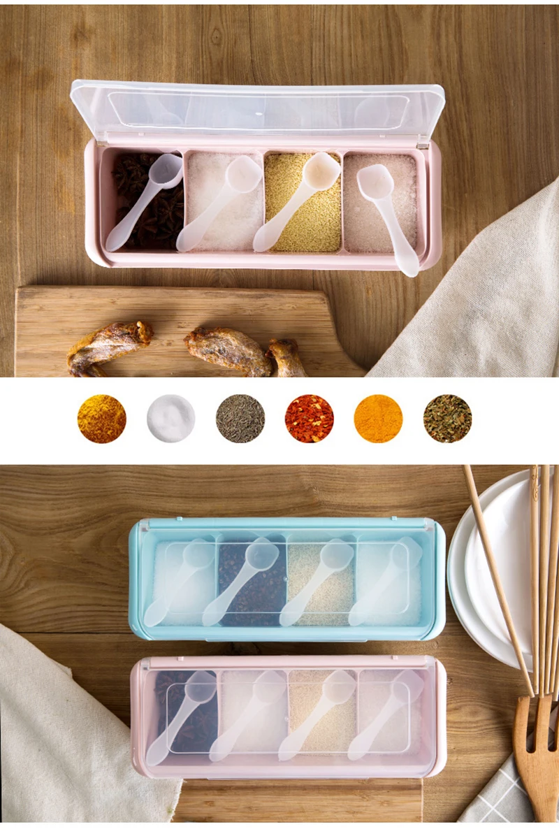 LIYIMENG Seasoning Jar Set Kitchen Four Grid Condiment Box Cruet Salt Pepper Shakers Seasoning Box Condiment Bottle B3
