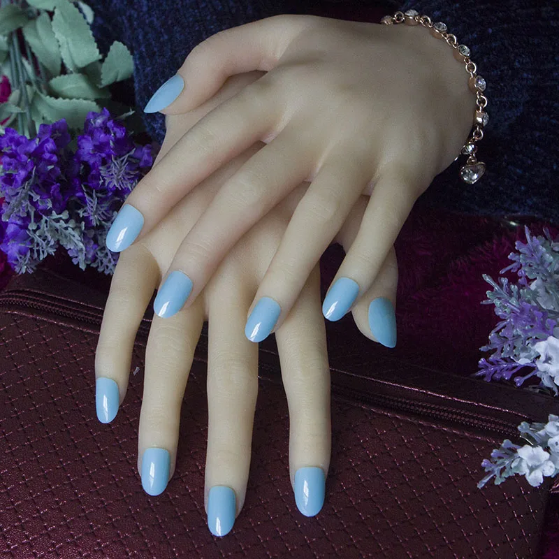 Модные накладные ногти, 24 шт., яркие Типсы, 17 стилей, акриловые искусственные ногти, круглые накладные ногти с клеем для ногтей - Цвет: Sky Blue