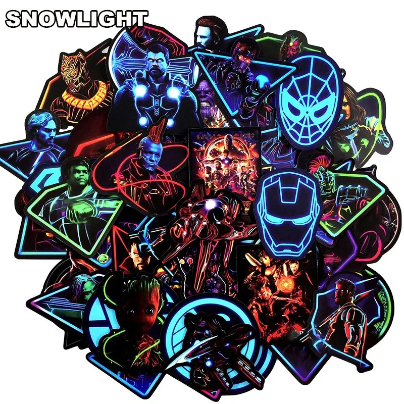 48Pcs Neon MARVEL Super Hero Avengers Stickers Cartoon Anime Sticker For Motorcycle Laptop Skateboard TOY DIY Stickers