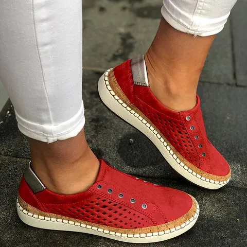 Women Summer Flats Shoe Zapatos Mujer Cut Out Vintage Flock Light Simple Soft Shoe Woman Sapato Chaussure Womans Shoes - Color: red