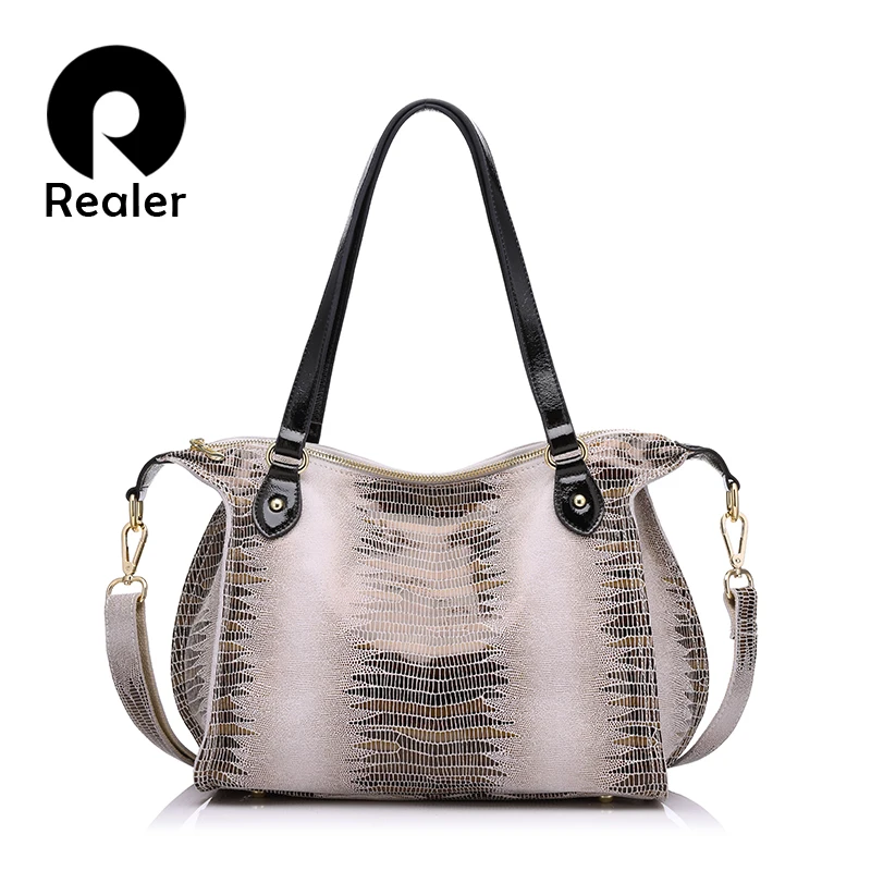 

REALER brand fashion women genuine leather shoulder bags high quality crocodile pattern leather handbags female tote bag 2017