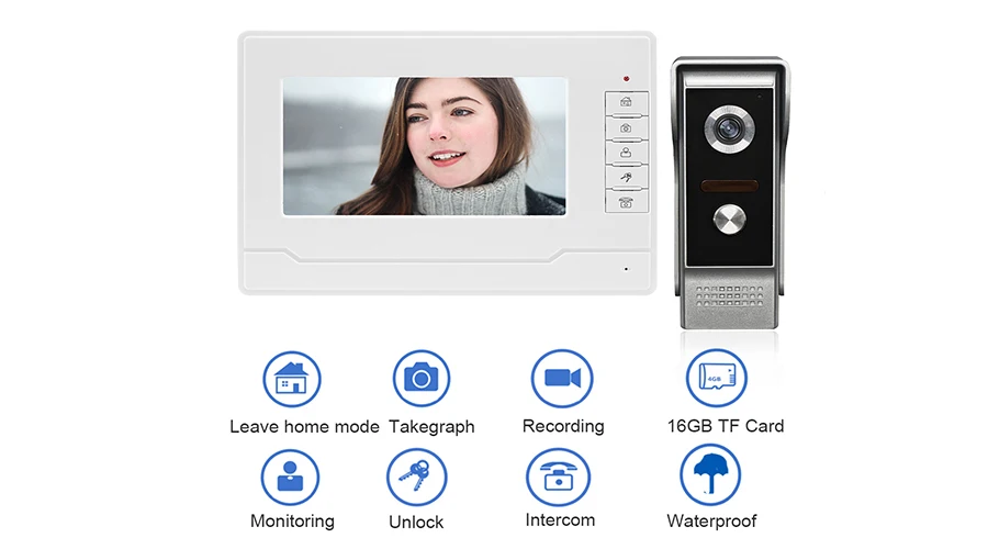 7-дюймовый видео-телефон двери домофон с камерой Системы с видео Запись, принимая фото, 700 ТВ-камера инфракрасная и добавить 16 GB карта