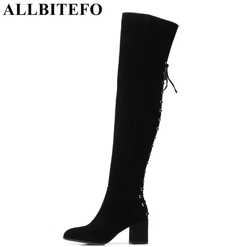 

ALLBITEFO size 33-41 genuine leather thick heel women boots brand high heels women over the knee boots winter snow girls boots