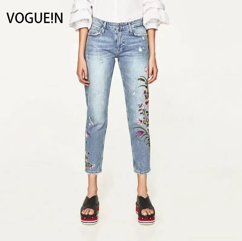 

VOGUE!N New Women Floral Embroidered Jeans Denim Trousers Casual Holes Pencil Pants
