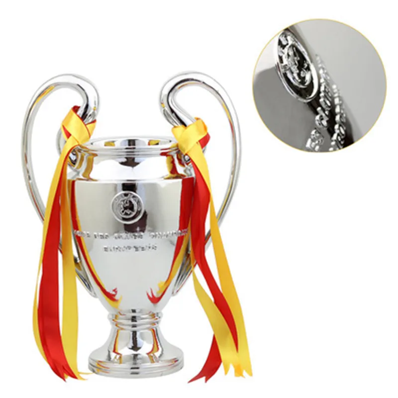 

2019 Football Fan Supplies 16CM Champions League Trophy With Ribbon Electroplate Resin Soccer Cup Home Decorations X1687
