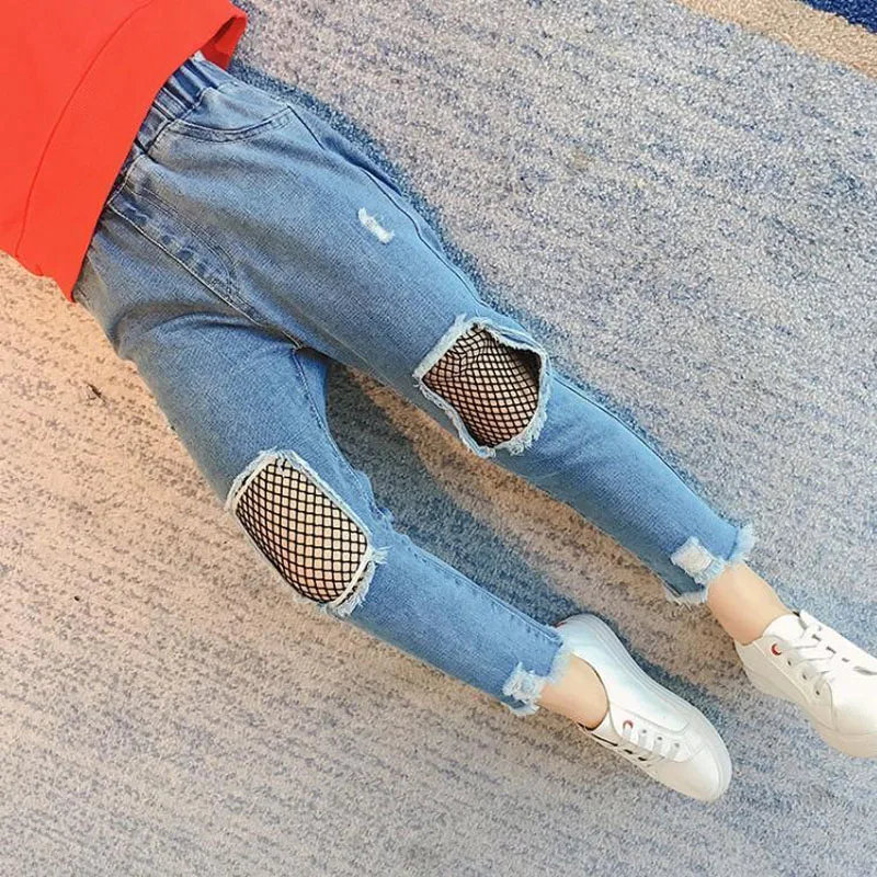 

Girls' Fashion Jeans Mesh Holes Kids Jeans 2019 Spring New 5-14 Year Old Girls Trousers Loose Pants Trend Children Casual Jeans