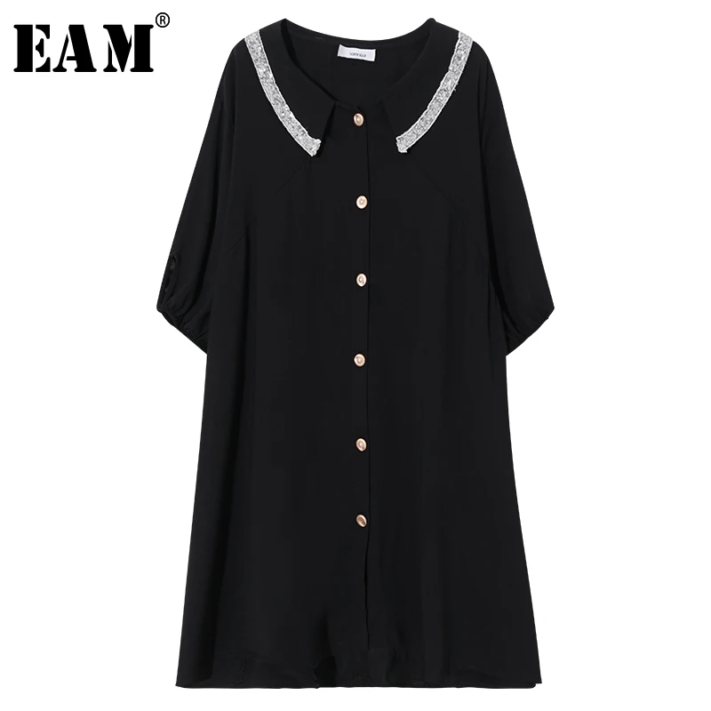 

[EAM] 2019 New Spring Summer Round Neck Half Sleeve Button Loose Spliced Big Size Personality Dress Women Fashion Tide JX838