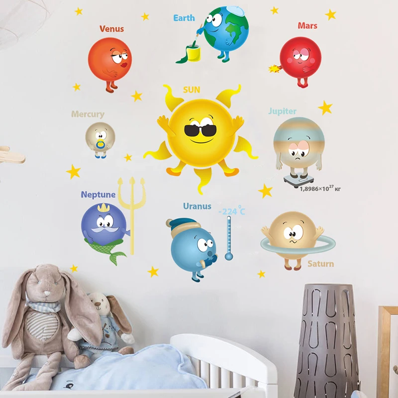 Outer Space Planets Solar System Wall Stickers For Classroom Kids Room Home Decoration PVC Nursery Mural Art Wall Decal