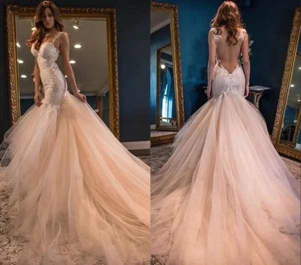2018 Vintage Boho Summer Blush Mermaid Wedding Dresses Luxury Princess Backless Lace Tulle Skirt Open Back Elegant Blush Pink Wedding Gowns