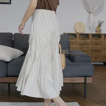 

Women High Waist Asymmetrical Pleated Skirt 2019 New Solid Empire A-Line Mid Summer Skirt
