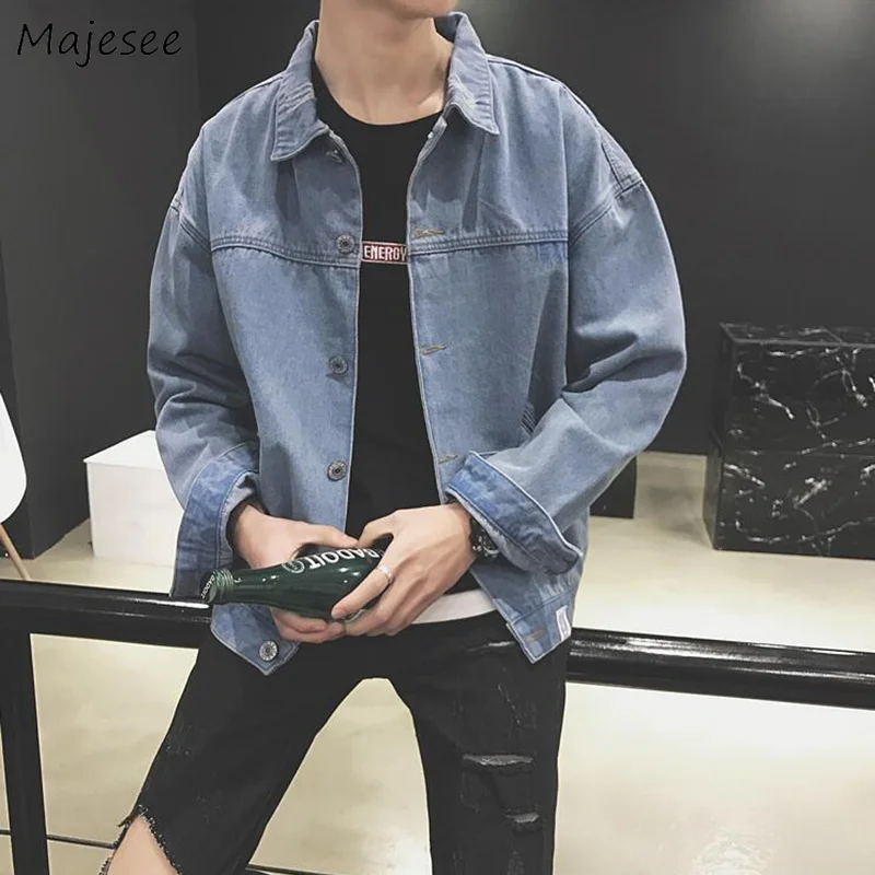 

Jackets Men Large Size Turn-down Collar Solid Simple All-match Korean Single Breasted Pockets Jacket Mens Ulzzang Denim Coats