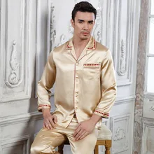 Мужские пижамы из натурального шелка, комплекты с длинными рукавами, шелковистая шелковая Домашняя одежда из двух предметов, Шелковая пижама для мужчин, 15076