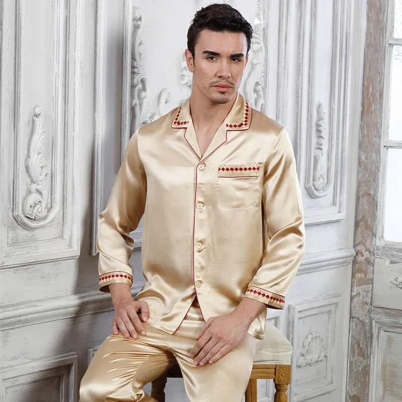2019 Man's Genuine Silk Pajamas Long-Sleeved Sets Silkworm Silk Home Wear Two-Piece 100% Silk Sleepwear Male 15076