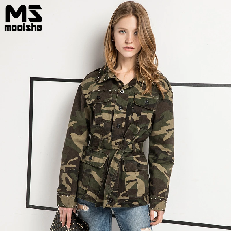 Mooishe Outono Bolso Camuflagem Militar Trench Coat Com Cinto de Rebite Casuais Solta 2017 Streetwear Casaco de Trincheira