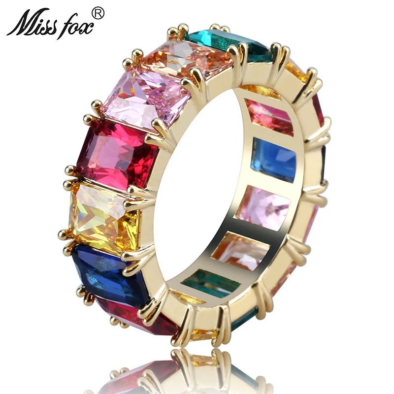 

MISSFOX Hip Hop Rainbow Men Ring Big Colored Square Cubic Zirconia Micro Pave Dainty Ring 18k Gold Fashion Casual Gifts Bijoux