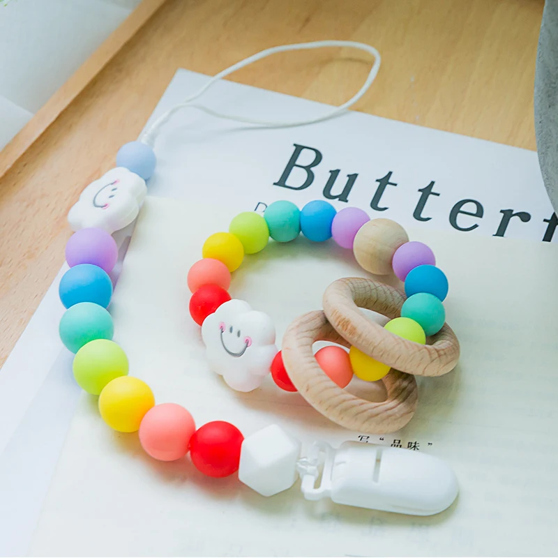 

1pc Baby Teether Silicone Rainbow Rattle Toys Pacifier Chain Clips 15mm Silicone Beads BPA Free Wooden Ring Holder For Nipples