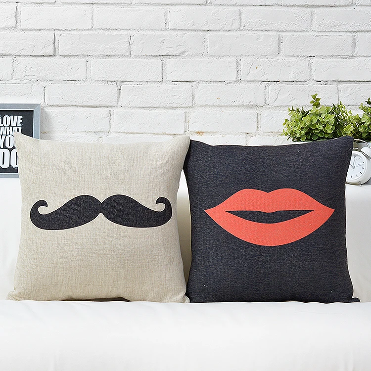 Love Pillow Cover, Creative Wedding Cartoon Black Beard Red Lips Throw