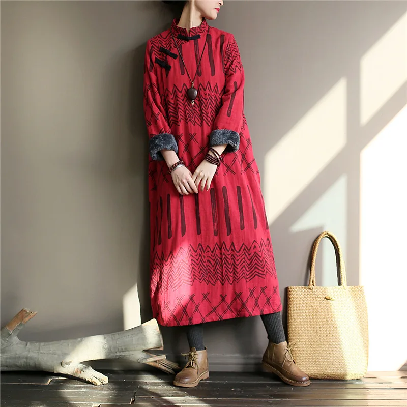 

Johnature Women Vintage Winter Dress Chinese Style Stand Long Sleeve Robes Print Floral 2019 New Fleece Warm Loose Cotton Dress