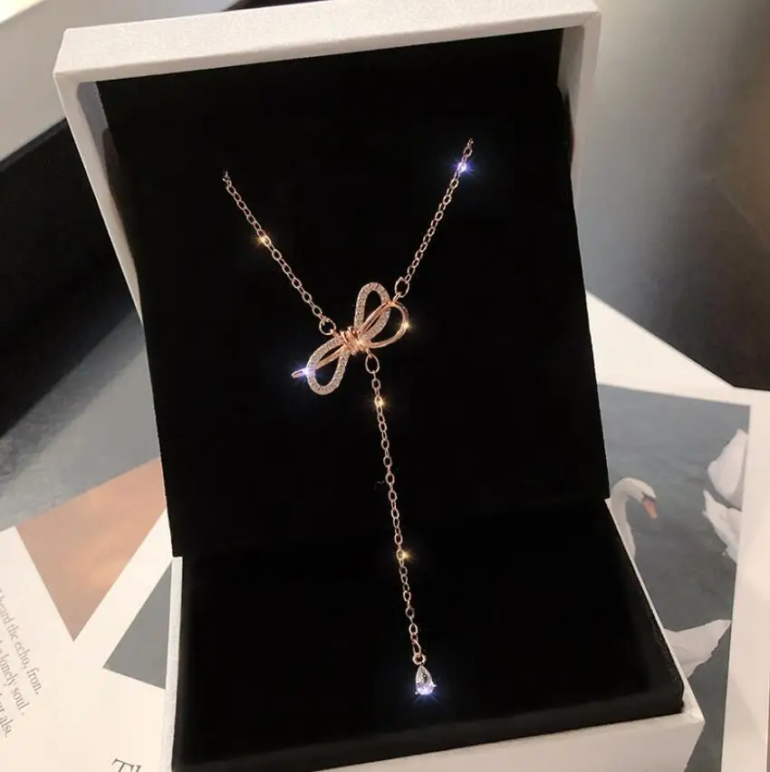 Ренди CZ Кристалл трехмерное ожерелье с бантиком из нержавеющей стали свадебное ожерелье ювелирные изделия для женщин Подарки