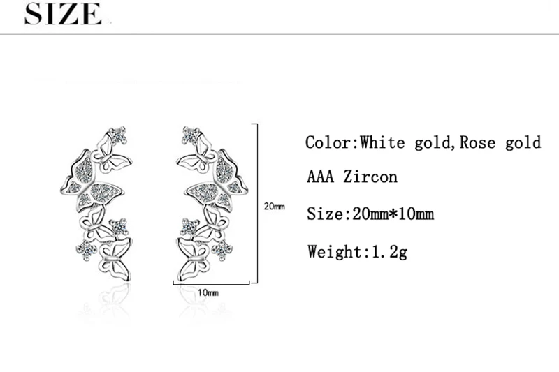 JYouHF, Новое поступление, S925 Стерлинговое Серебро, сверкающая бабочка, серьги-гвоздики для женщин, блестящий циркон, белый цвет, розовое золото, серьги