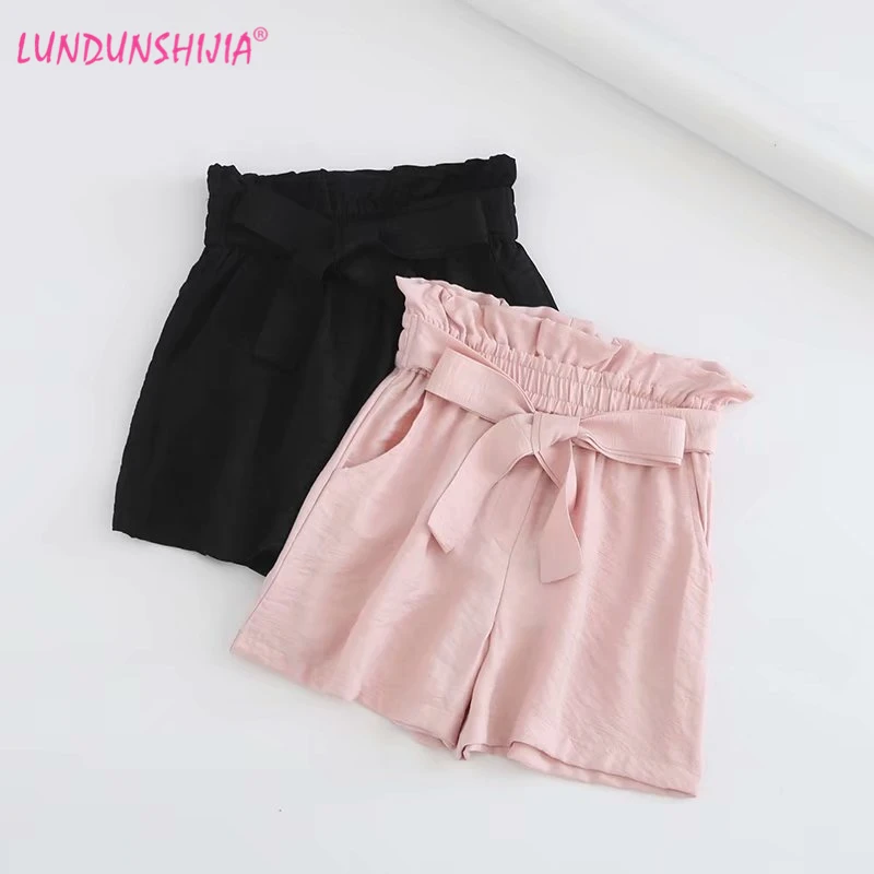 

LUNDUNSHIJIA 2019 Spring Summer Fashion Women's Bow Tie Decoration Short Pants Casual Loose Women High Waist Pink Shorts