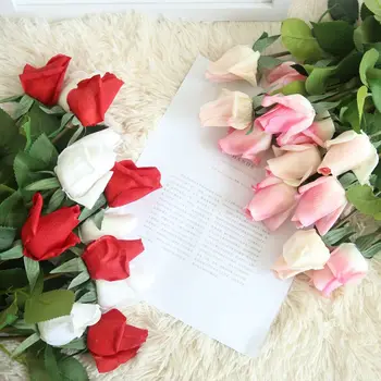 

10pcs Real Touch Rose Hand Feel Felt Simulation Decorative Branch Stem Latex Artificial Silicone Rose Flowers Home Wedding