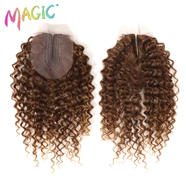 Syntetyczne Afro Kinky kręcone włosy blond 16-20Inch 7 sztuk/lot syntetyczne przedłużanie włosów 6Pieces z zamknięciem koronki dla czarnych kobiet -