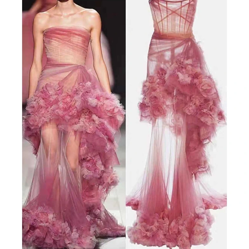 

2019 Latest Fashion Show Runway Dress Sweet Pink Sheer Mesh Long Dress Elegant Luxury Celebrity Evening Party Dresses Vestido
