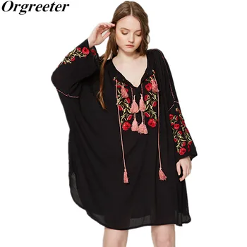 

bohemian dress 2018 Summer women dress floral embroidery Large size Bust Size rope tassel ties Flare Sleeve ukraine Black Dress