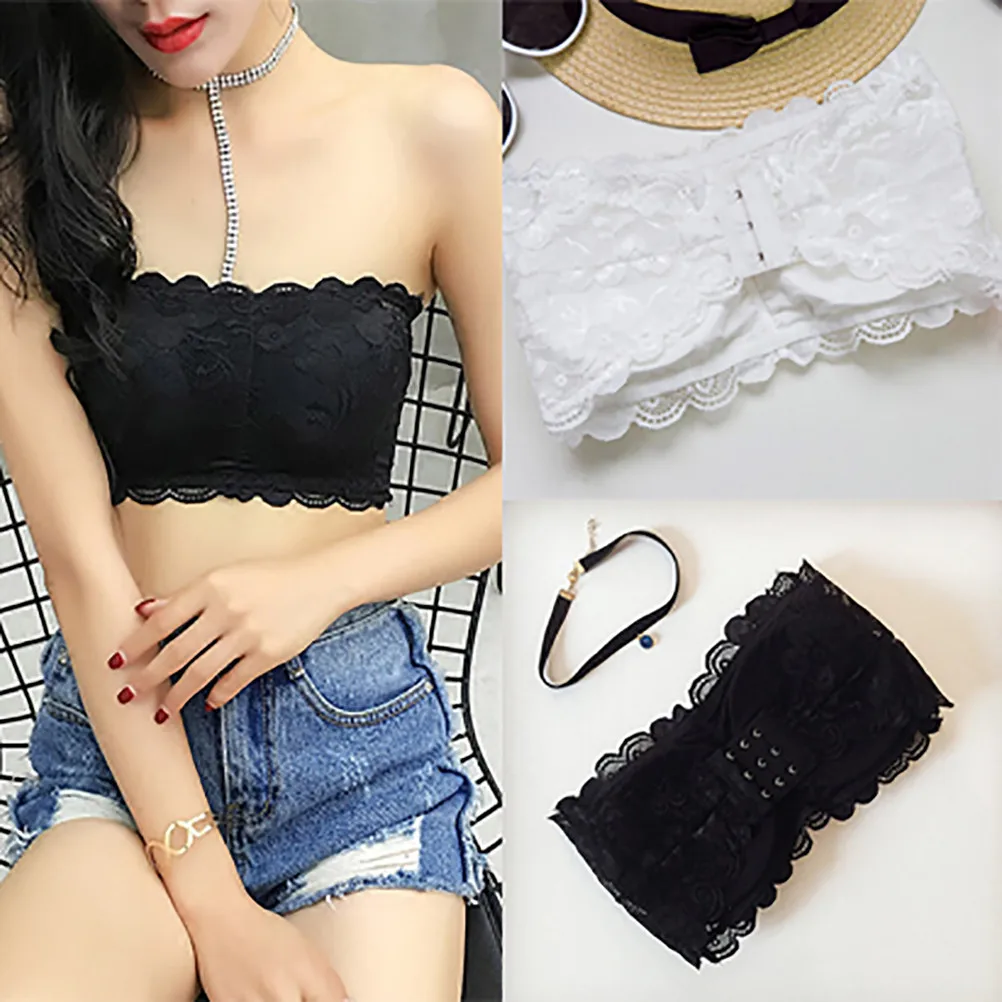 1pc Sexy Casual Lace Wrap Tube Top Summer Strapless Bra Bandeau Short Tanks Seamless Black White