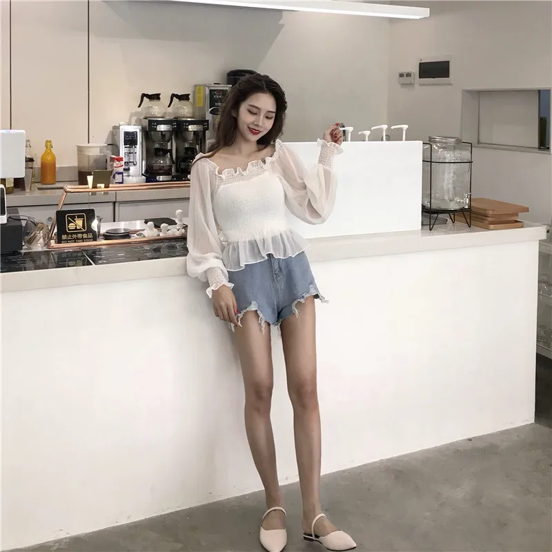 Shirts Women Slash Neck Lace Full Short Simple Elegant Ladies Korean Style Shirt Womens Slim Soft Chiffon Lantern Sleeve Shirt