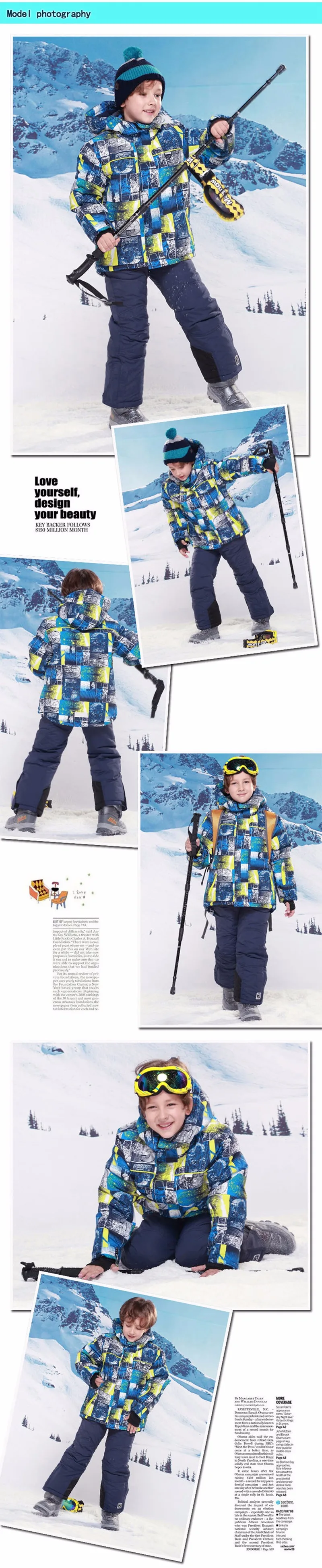 Лыжные комплекты для мальчиков с детектором; водонепроницаемая ветрозащитная детская одежда; детский зимний теплый лыжный костюм для сноуборда; лыжная куртка для мальчиков