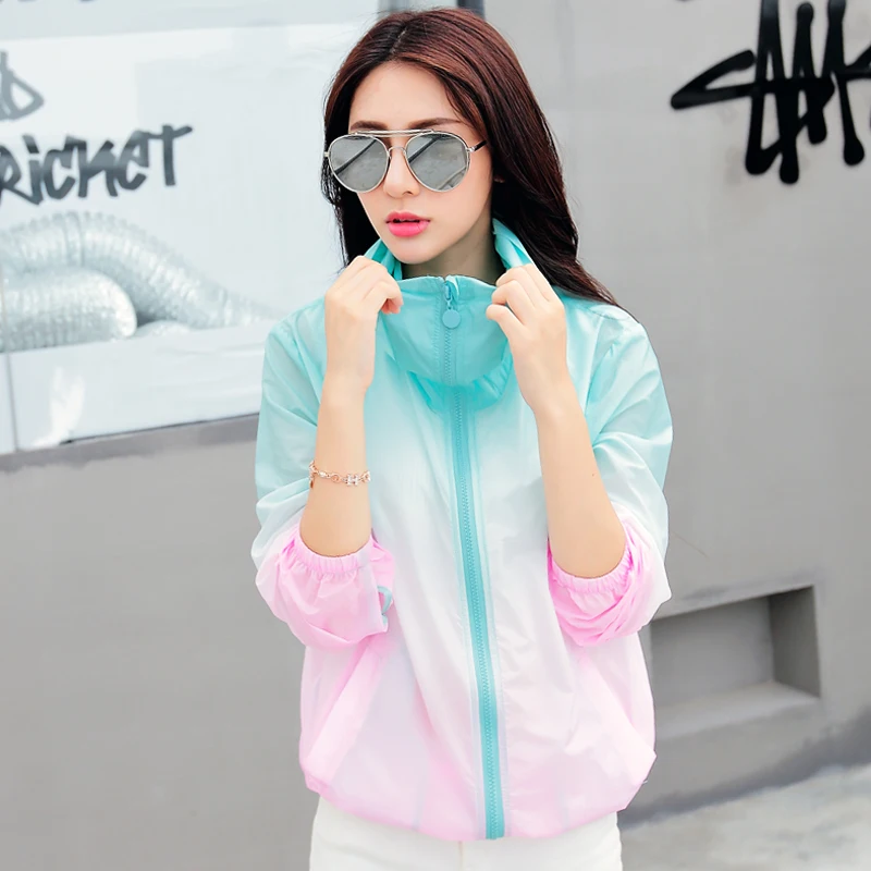 discount  2019 new Summer fashion rainbow color Sun UV Protection women Clothing Female Hooded Jacket Thin Br