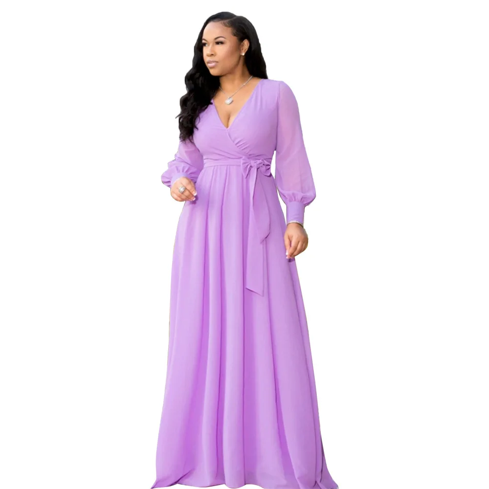 

plus size dresses for women XXL 2019 new arrival Fashion sexy solid color chiffon V-neck A-Line dress Bohemian long summer dress