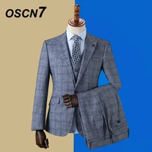 OSCN7 Костюмы Под заказ в полоску для мужчин, приталенный костюм для свадебной вечеринки, мужской костюм, модный костюм из 3 предметов, блейзер, брюки, жилет, ZM-596