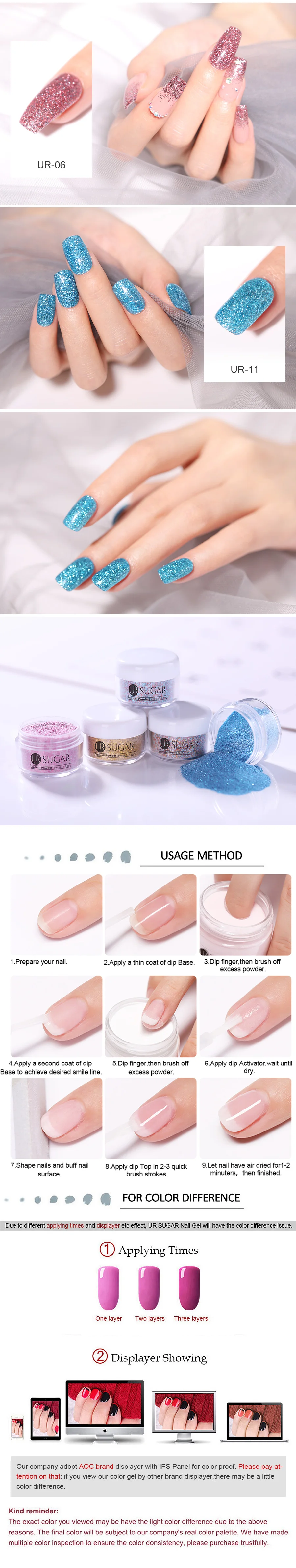 UR SUGAR 5pcs Dipping Nail Glitter Powder Kits Without Lamp Cure Dip System French Manicure with Base Activator Liquid Gel Set
