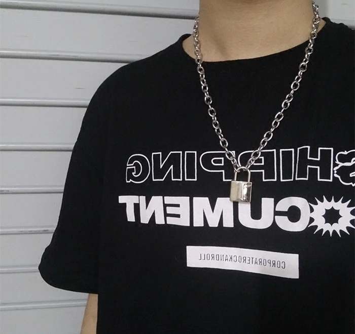 

Men Women Unisex Handmade Silver Chain Metal Necklace Square Lock Punk Hip Hop Harajuku Heavy Duty Necklace