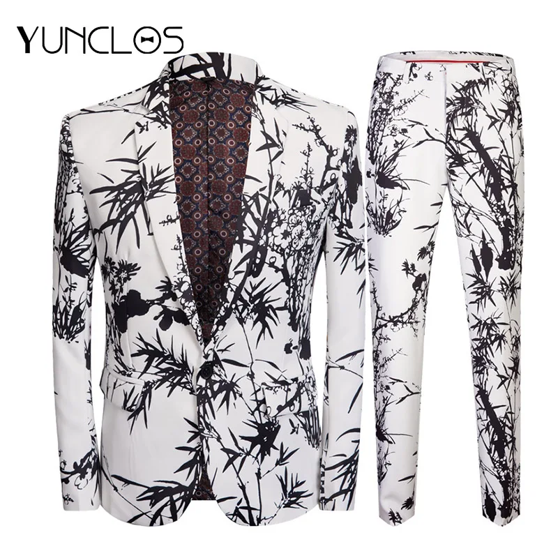 YUNCLOS 2019 Floral Printed Men's Slim Fit Suits 2 Pieces Jacket & Pant Wedding Party Suits One Button Single Breasted Men Suits