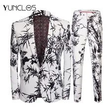 YUNCLOS 2019 Floral Printed Men's Slim Fit Suits 2 Pieces Jacket & Pant Wedding Party Suits One Button Single Breasted Men Suits